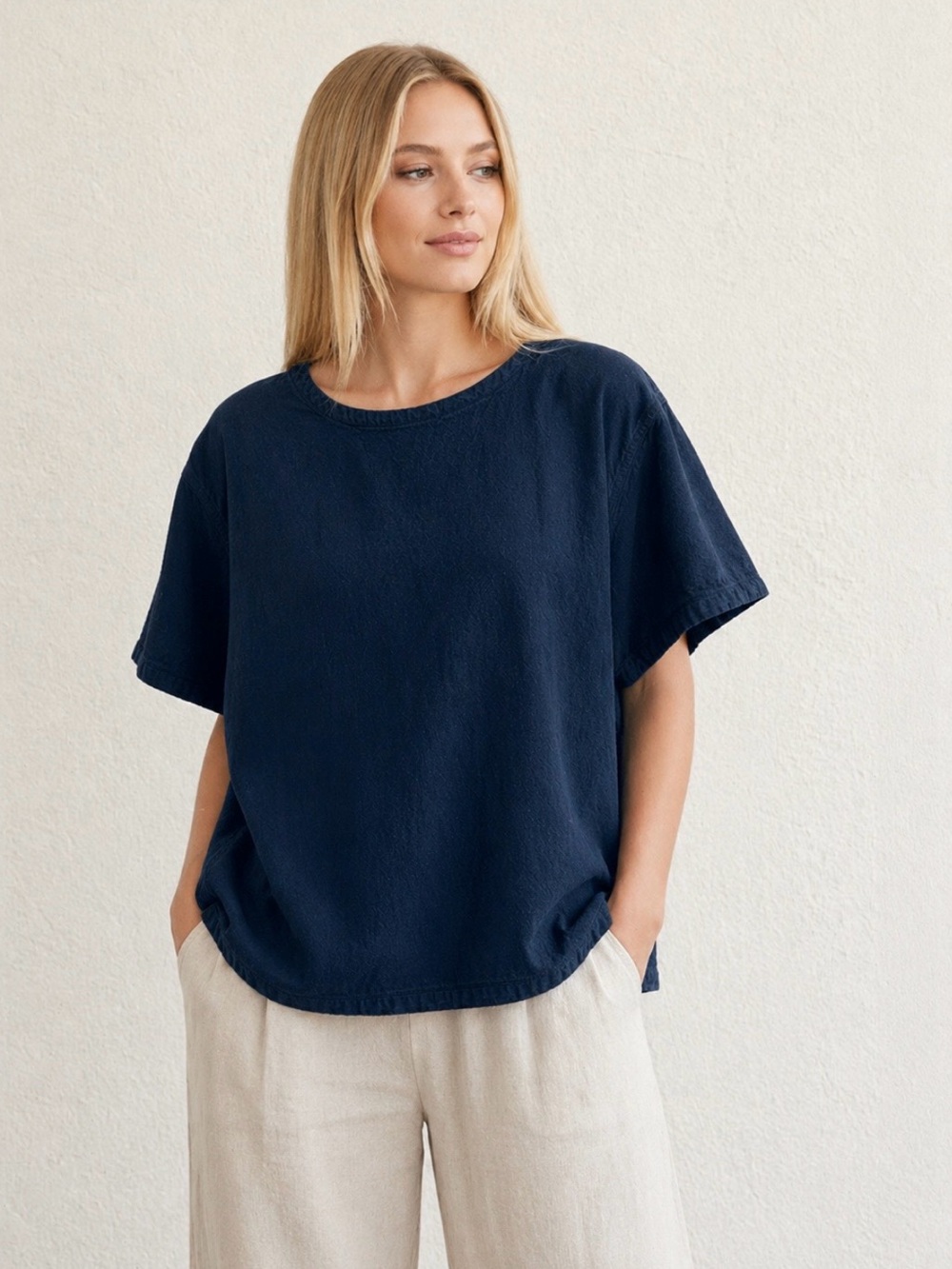 Tilley Blue Textured Cotton Oversized Top 100% Cotton Relaxed Fit Size M